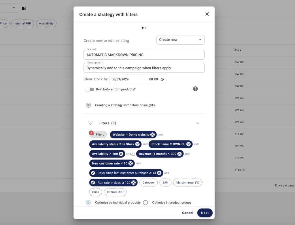 Strategy filters for markdown pricing